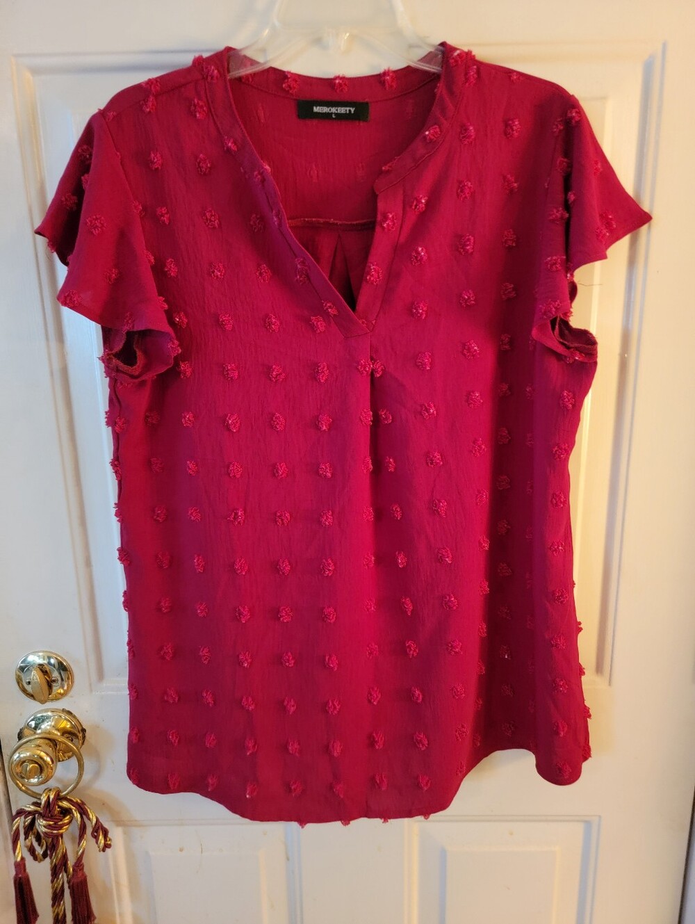 Merokeety Fuchsia Red Textured Flutter Sleeve Top